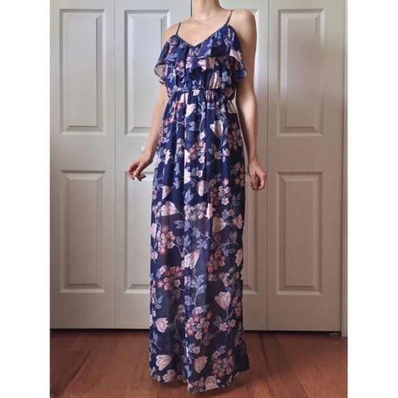 Miami Cold Shoulder maxi gown blue floral print S - Picture 4 of 6